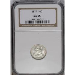 	1879 10C MS65 NGC. Essentially white surfaces radiant 1879