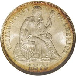 	1879 10C MS67 S NGC. A peripheral ring of golden-brow 1879