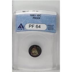 	1883 10C PR64 ANACS. Ruby-red, powder-blue, and gold i 1883