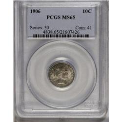 	1906 10C MS65 PCGS. A dappled tan and steel-blue Gem w 1906