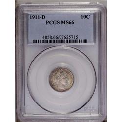 	1911-D 10C MS66 PCGS. Pastel cobalt-blue, lavender, an 1911-D