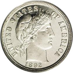 	1892 10C PR67 Cameo PCGS. This beautiful cameo has fan 1892