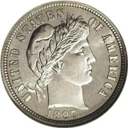 	1897 10C PR66 NGC. The frosty, brilliant silver-white 1897