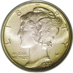 	1927 10C MS67 Full Bands PCGS. A light greenish-gold c 1927