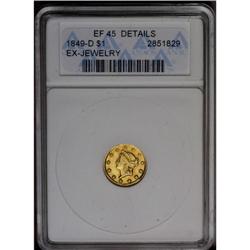 	1849-D G$1 --Ex-Jewelry--ANACS. XF45 Details. Variety 1 1849-D