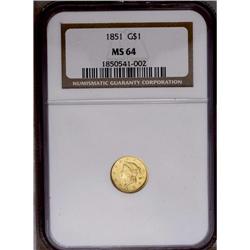 	1851 G$1 MS64 NGC. A satiny near-Gem with brilliant gr 1851