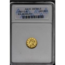 	1851-D G$1 --Ex-Jewelry--ANACS. AU50 Details. Variety 3 1851-D