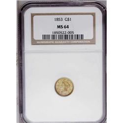 	1853 G$1 MS64 NGC. Lovely copper-gold and green colora 1853