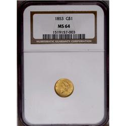	1853 G$1 MS64 NGC. A sharply struck example with frost 1853
