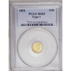 	1854 G$1 Type One MS63 PCGS. A nice, even strike preva 1854