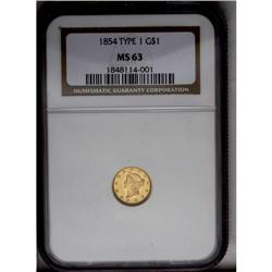 	1854 G$1 Type One MS63 NGC. Intricately detailed and e 1854