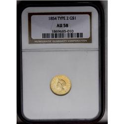 	1854 G$1 Type Two AU58 NGC. Light yellow surfaces with 1854