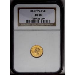 	1854 G$1 Type Two AU58 NGC. Lustrous honey-gold surfac 1854