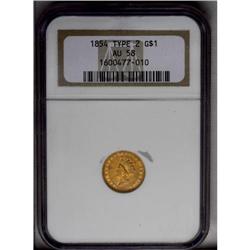 	1854 G$1 Type Two AU58 NGC. The obverse features deep 1854