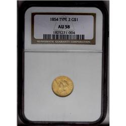 	1854 G$1 Type Two AU58 NGC. A lustrous medium yellow-g 1854