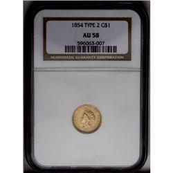	1854 G$1 Type Two AU58 NGC. Better struck than usual t 1854