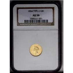 	1854 G$1 Type Two AU58 NGC. Lightly circulated, with s 1854
