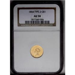 	1854 G$1 Type Two AU58 NGC. Typically struck through t 1854