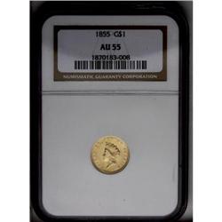 	1855 G$1 AU55 NGC. Considerable luster illuminates the 1855