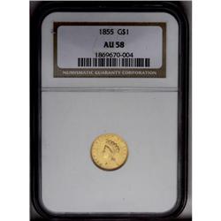 	1855 G$1 AU58 NGC. Pale yellow surfaces with a few min 1855