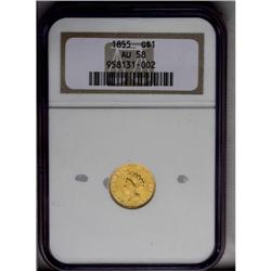 	1855 G$1 AU58 NGC. Both sides of this pleasing gold do 1855