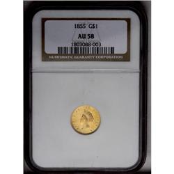 	1855 G$1 AU58 NGC. Medium yellow-gold with nearly full 1855