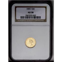 	1855 G$1 AU58 NGC. Lightly struck through the centers 1855