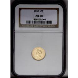 	1855 G$1 AU58 NGC. Extremely weakly struck through the 1855