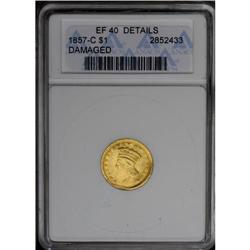 	1857-C G$1 --Damaged--ANACS. XF40 Details. Variety 10-L 1857-C