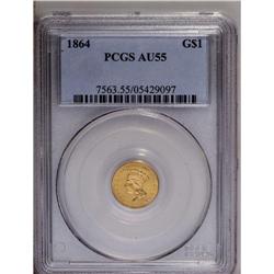 	1864 G$1 AU55 PCGS. Only 5,900 pieces were struck, and 1864