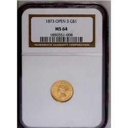 	1873 G$1 Open 3 MS64 NGC. A pretty and well produced p 1873