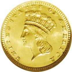 	1889 G$1 MS67 Prooflike NGC. The gently mirrored field 1889