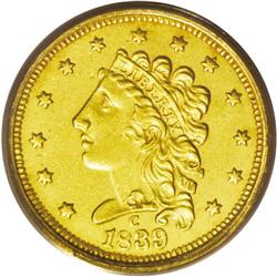 	1839-C $2 1/2 AU55 PCGS. Recut Date. Winter 3-C, McClo 1839-C