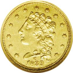 	1839-C $2 1/2 AU58 NGC. Recut 39, Winter 3-C, McCloske 1839-C