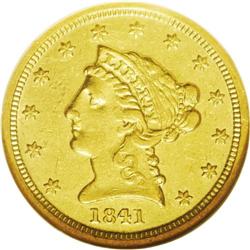 	1841-D $2 1/2 AU55 NGC. Variety 2-C. A boldly defined 1841-D