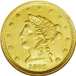 	1842 $2 1/2 --Cleaned--ANACS. AU50 Details. A most elus 1842