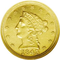 	1843-C $2 1/2 Large Date, Plain 4 AU58 NGC. Variety 5- 1843-C