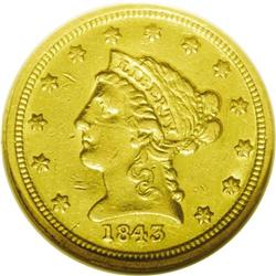 	1843-C $2 1/2 Small Date, Crosslet 4 AU55 NGC. Variety 1843-C