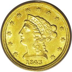 	1843-D $2 1/2 Small D AU58 PCGS. Variety 4-F. A band o 1843-D