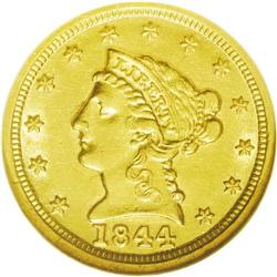 	1844-D $2 1/2 AU55 NGC. Variety 5-H. An impressive exa 1844-D