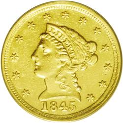 	1845-D $2 1/2 AU55 PCGS. Variety 6-I. The light greeni 1845-D