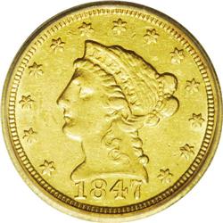 	1847-C $2 1/2 AU55 ICG. Variety 8-F. A suitably struck 1847-C