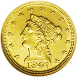 	1847-D $2 1/2 AU58 NGC. Variety 9-M. This intricately 1847-D