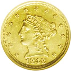 	1848-D $2 1/2 AU58 NGC. Variety 10-N. The "Low Mintmar 1848-D