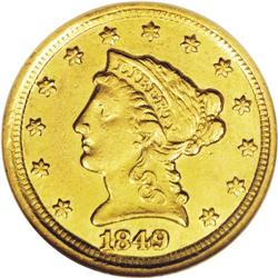 	1849-D $2 1/2 AU53 NGC. Variety 12-M. The "Low Date" v 1849-D