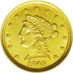 	1849-D $2 1/2 AU58 NGC. Variety 11-M. High date with t 1849-D