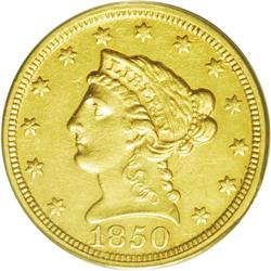 	1850-C $2 1/2 AU55 PCGS. Variety 12-G. This tan-gold e 1850-C