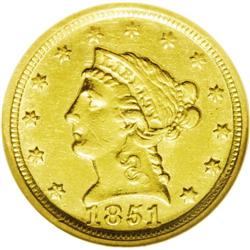 	1851-D $2 1/2 AU58 NGC. Variety 14-M. An underrated an 1851-D