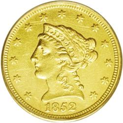 	1852-C $2 1/2 AU55 PCGS. Variety 14-I. From the paltry 1852-C