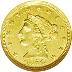 	1854-C $2 1/2 AU55 NGC. Variety 15-I. This straw-gold 1854-C